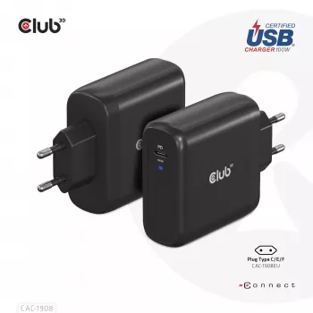 CLUB3D Rejselader 100 Watt GaN-teknologi, USB-IF TID certificeret, Enkeltport USB Type-C, Power Delivery(PD) 3.0 support