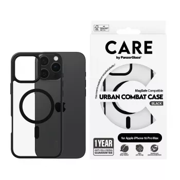 PanzerGlass CARE™ by ® Urban Combat Case transparent med sort ramme & MagSafe til iPhone 16 Pro Max