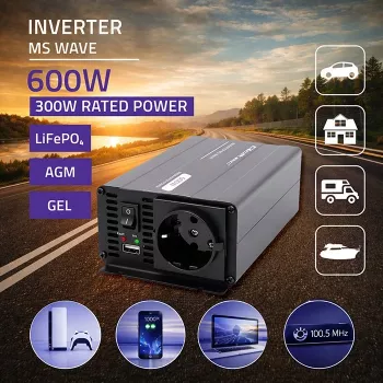 Qoltec MS Wave Power Inverter 12V til 230V 300/600W USB Kompatibel med LiFePO4 GEL AGM