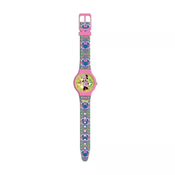 PULIO Analogt ur i blikdåse - Disney Minnie Mouse, lyserød PU-læderrem, kvartsværk, 30 mm metalhus, stænksikker, piger fra 6 år