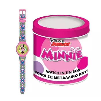 PULIO Analogt ur i blikdåse - Disney Minnie Mouse, lyserød PU-læderrem, kvartsværk, 30 mm metalhus, stænksikker, piger fra 6 år