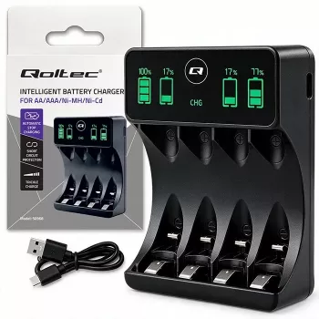 Qoltec 50968 NiMH-batterilader til AA/AAA med LCD og USB-C-kabel, sort
