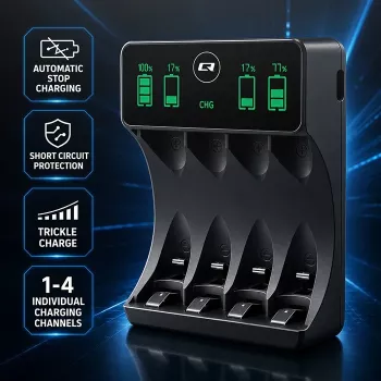 Qoltec 50968 NiMH-batterilader til AA/AAA med LCD og USB-C-kabel, sort