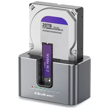 Qoltec 2in1 HDD SSD dockingstation SATA M.2 NVMe med klonefunktion, USB-C 3.2 Gen 2, 10Gbps, op til 28TB, aluminium