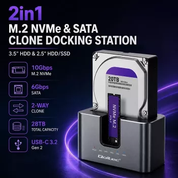 Qoltec 2in1 HDD SSD dockingstation SATA M.2 NVMe med klonefunktion, USB-C 3.2 Gen 2, 10Gbps, op til 28TB, aluminium