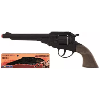 PULIO cowboy-revolver metal 8-skuds knallertpistol - sort/sølv med brune greb