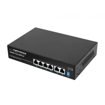 ESPERANZA 6-port PoE+ Gigabit-switch 65W GOLIATH (4 PoE+-porte, 2 uplinks, 12 Gbps, lüfterløs metal)