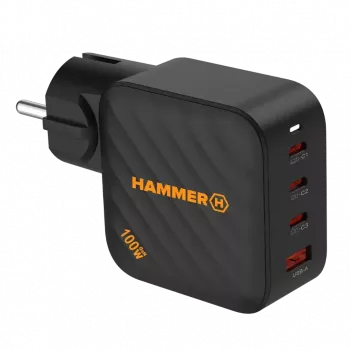HAMMER RapidCharge 100W GaN-strømforsyning, 2x USB-C PD 100W + 1x USB-A QC 30W, sort