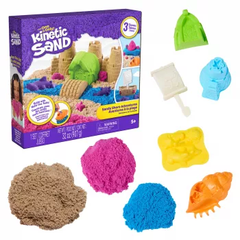 Kinetic Sand Beach Adventure sæt – 907 g sand i 3 farver med forme, værktøj og legeskål