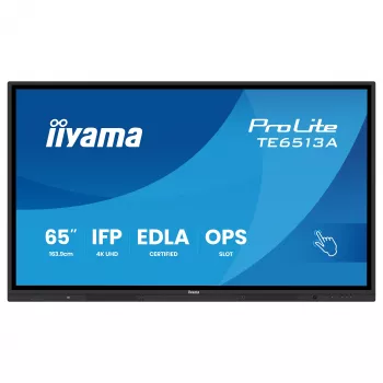 IIYAMA ProLite TE6513A-B3AG 65 inch 4K UHD IPS LED interaktiv touch-skærm med IR-touch, 20-punkts touch, Android, 400 cd/m², 8 ms, HDMI, DisplayPort, USB-C, VGA, LAN, Wi-Fi, Bluetooth, VESA 600x400, sort