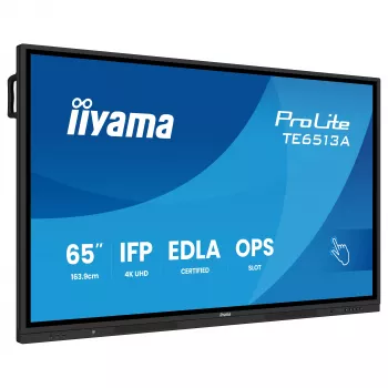 IIYAMA ProLite TE6513A-B3AG 65 inch 4K UHD IPS LED interaktiv touch-skærm med IR-touch, 20-punkts touch, Android, 400 cd/m², 8 ms, HDMI, DisplayPort, USB-C, VGA, LAN, Wi-Fi, Bluetooth, VESA 600x400, sort