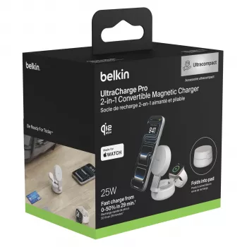 Belkin UltraCharge 25W Qi2 Magnetic 2-i-1 trådløs opladningsplade sand