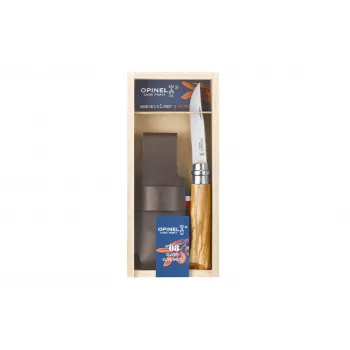 OPINEL No. 08 oliventræ foldekniv med læderetui i gaveæske