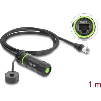 Delock RJ45-stik til RJ45-bøsning Cat.6 indbygningskabel med M20 x 1,5 mm gevind og kabinet kompatibel med Starlink, sort, 20 cm