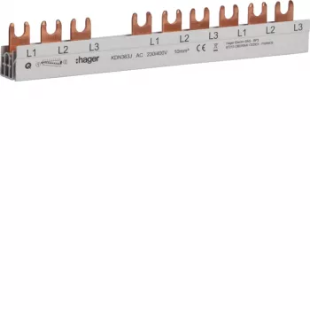 Hager KDN363J 3-polet fasesamleskinne med gaffeltilslutning 10mm² 63A 10 moduler