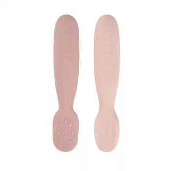 Beaba Sæt med 2 Silikone First Spoons & Bideringe Cotton Candy/Sorbet
