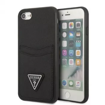 Guess GUHCI8PSATPK hardcase til iPhone 7/8/SE 2020/SE 2022 - sort Saffiano med trekantslogo og kortrum