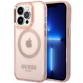 Guess Gold Outline Translucent MagSafe Case for iPhone 14 Pro Max 6.7 inch Pink Hard Case