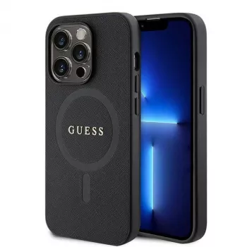 GUESS Saffiano PU MagSafe-case til iPhone 15 Pro sort