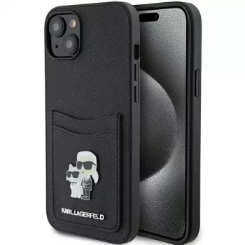 Karl Lagerfeld KLHCP15SSAPKCNPK iPhone 15 / 14 / 13 6,1 inch sort hardcase Saffiano kortlomme Karl & Choupette metalpin
