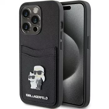 Karl Lagerfeld KLHCP15LSAPKCNPK iPhone 15 Pro 6,1 inch sort hardcase Saffiano kortlomme Karl & Choupette metalpin