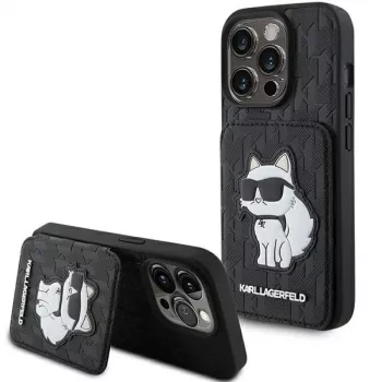 Karl Lagerfeld KLHCP15LSAKCNSCK iPhone 15 Pro 6,1 inch sort hardcase Saffiano kortlommer og standfod monogram Choupette