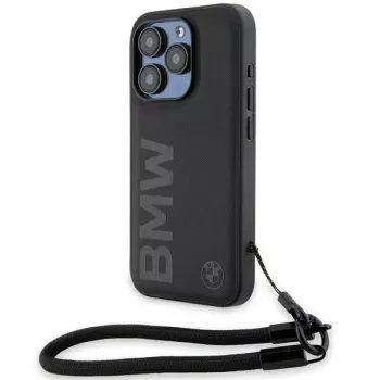 BMW Signature Leather Wordmark Cord hard case til iPhone 15 Pro 6,1 inch sort