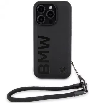BMW Signature Leather Wordmark Cord hard case til iPhone 15 Pro 6,1 inch sort