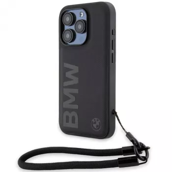 BMW Signature Leather hard case til iPhone 15 Pro Max 6,7 inch sort med snor