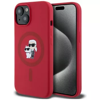 KARL LAGERFELD Silikonehylster til iPhone 15 med MagSafe og ringholder - Karl & Choupette Heads - rød