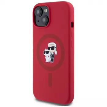 KARL LAGERFELD Silikonehylster til iPhone 15 med MagSafe og ringholder - Karl & Choupette Heads - rød
