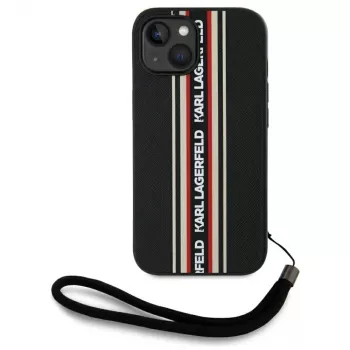 KARL LAGERFELD Saffiano Athleisure Stripes Cord Case til iPhone 15, sort-rød