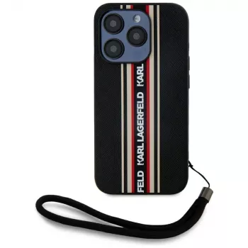 KARL LAGERFELD Saffiano Athleisure Stripes Cord Case til iPhone 15 Pro, sort/rød
