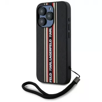 KARL LAGERFELD Saffiano AthleisureStripes Cord Case til iPhone 15 Pro Max, sort/rød