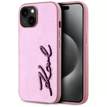 KARL LAGERFELD Wrinkled Metal Signature Back Cover til Apple iPhone 15, Pink