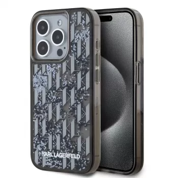 KARL LAGERFELD Liquide GlitterMonogram Gradient Back Cover til Apple iPhone 15 Pro, sort