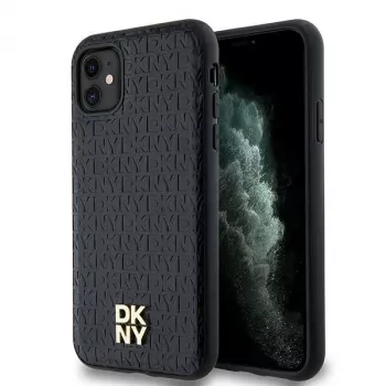 DKNY DKHMN61PSHRPSK iPhone 11 / XR 6,1 inch sort hardcase læder monogrammønster metallogo MagSafe