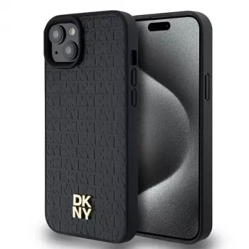 DKNY DKHMP15MPSHRPSK iPhone 15 Plus / 14 Plus 6,7 inch sort hardcase læder monogrammønster metallogo MagSafe