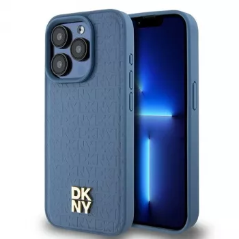 DKNY DKHMP15LPSHRPSB iPhone 15 Pro 6.1 blå hardcase læder monogrammønster metallogo MagSafe