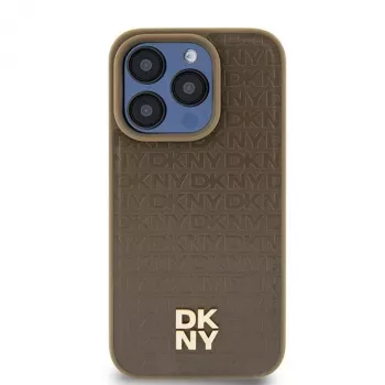 DKNY DKHMP14SPSHRPSW Hardcase til iPhone 14/15/13, brunt læderdesign med metallogo, MagSafe