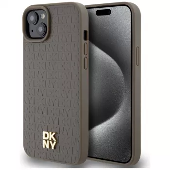 DKNY DKHMP15SPSHRPSW iPhone 15 / 14 / 13 6,1 inch hardcase brun læderlook metallogo MagSafe