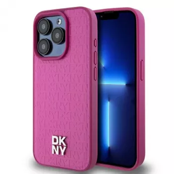 DKNY DKHMP15LPSHRPSP iPhone 15 Pro 6,1 inch pink læderhardcase med monogrammønster og metallogo, MagSafe-kompatibel