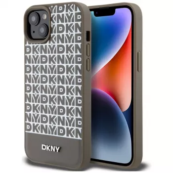 DKNY DKHMP15SPSOSPW iPhone 15 / 14 / 13 6,1 inch brun hardcase læder trykt mønster metallogo MagSafe