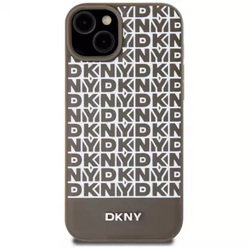 DKNY DKHMP15SPSOSPW iPhone 15 / 14 / 13 6,1 inch brun hardcase læder trykt mønster metallogo MagSafe
