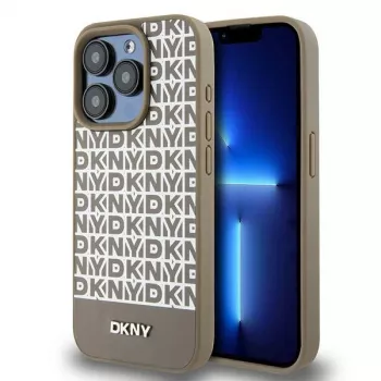 DKNY DKHMP15LPSOSPW iPhone 15 Pro 6,1 inch hardcase læder trykt mønster brun med metallogo MagSafe