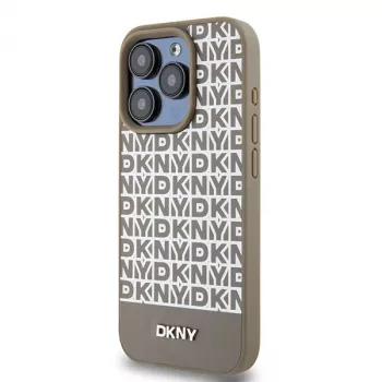 DKNY DKHMP15LPSOSPW iPhone 15 Pro 6,1 inch hardcase læder trykt mønster brun med metallogo MagSafe