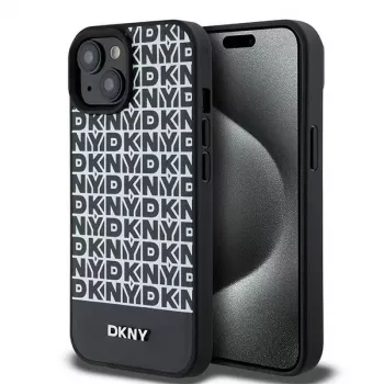 DKNY DKHMP15SPSOSPK Hard Case til Apple iPhone 15 / 14 / 13 6,1 inch sort læder med trykmønster og metallogo MagSafe