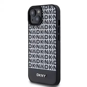 DKNY DKHMP15SPSOSPK Hard Case til Apple iPhone 15 / 14 / 13 6,1 inch sort læder med trykmønster og metallogo MagSafe