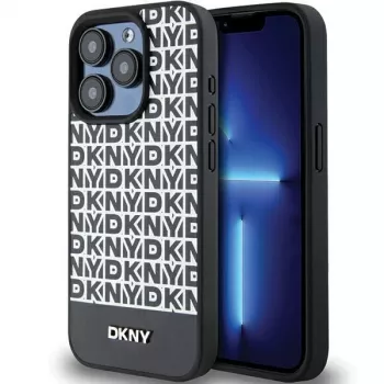 DKNY DKHMP15XPSOSPK Hardcase læder med trykmønster og metallogo MagSafe til iPhone 15 Pro Max 6.7 sort