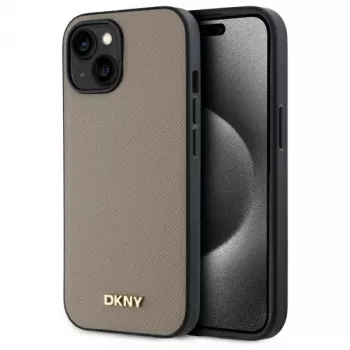 DKNY DKHMP15SPGHLME Hardcase til Apple iPhone 15 6,1 inch beige grained metallogo MagSafe
